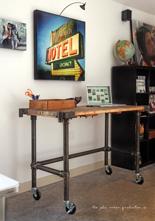 Rolling Pipe Desk with Antiqued Metal